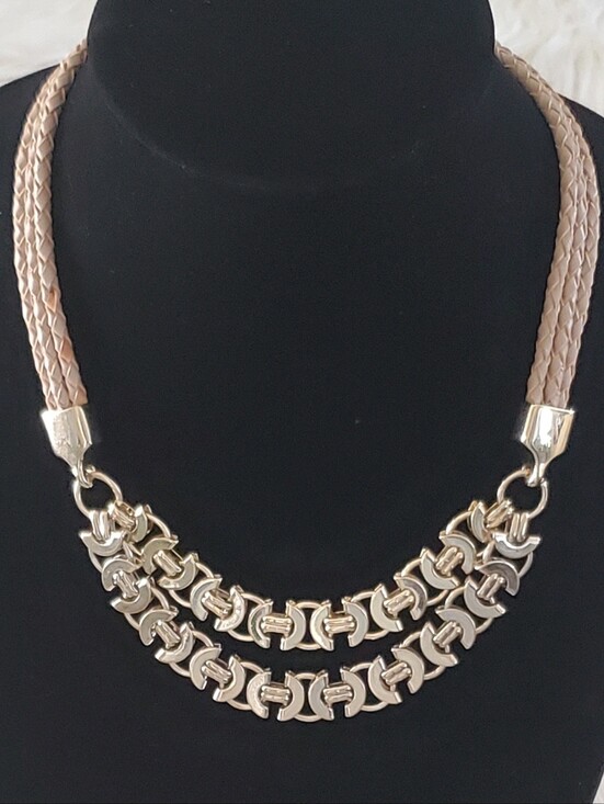 White House Black Market Jewelry - White House Black Market Braided Tan Faux Leather Gold-Tone Statement Necklace